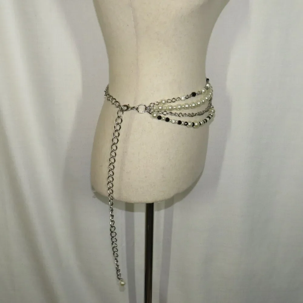 WHBM Faux Pearl CZ Layered Adjustable Chain Belt